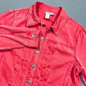 Coldwater Creek Denim Jacket Pleated Front‎ Button Up Coral Pink Women Size M